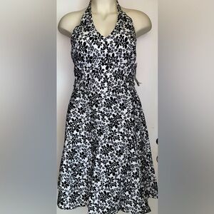 NEW Maggy London halter black & white lined cotton spandex  floral dress  SZ 14